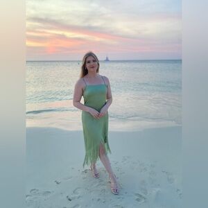 Sage Satin Fringe Maxi Dress